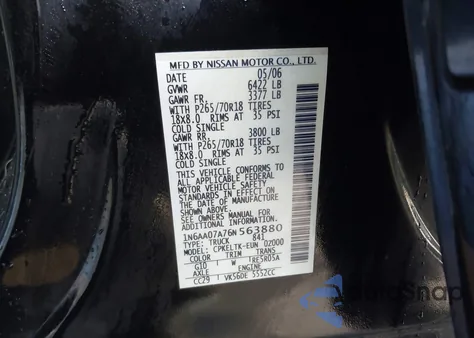 2006 Nissan Titan Se из США, поврежденный, VIN 1N6AA07A76N563880